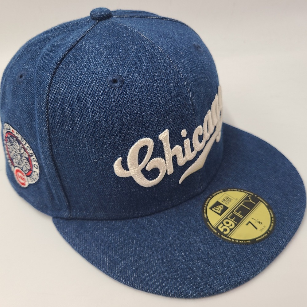 Chicago Cubs Hat Fitted 7 1/8 New Era 59Fifty Blue Denim MLB Wrigley Field Patch